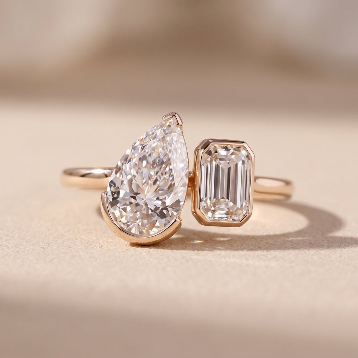 Yellow Gold Pear & Emerald Cut Moissanite Open Ring