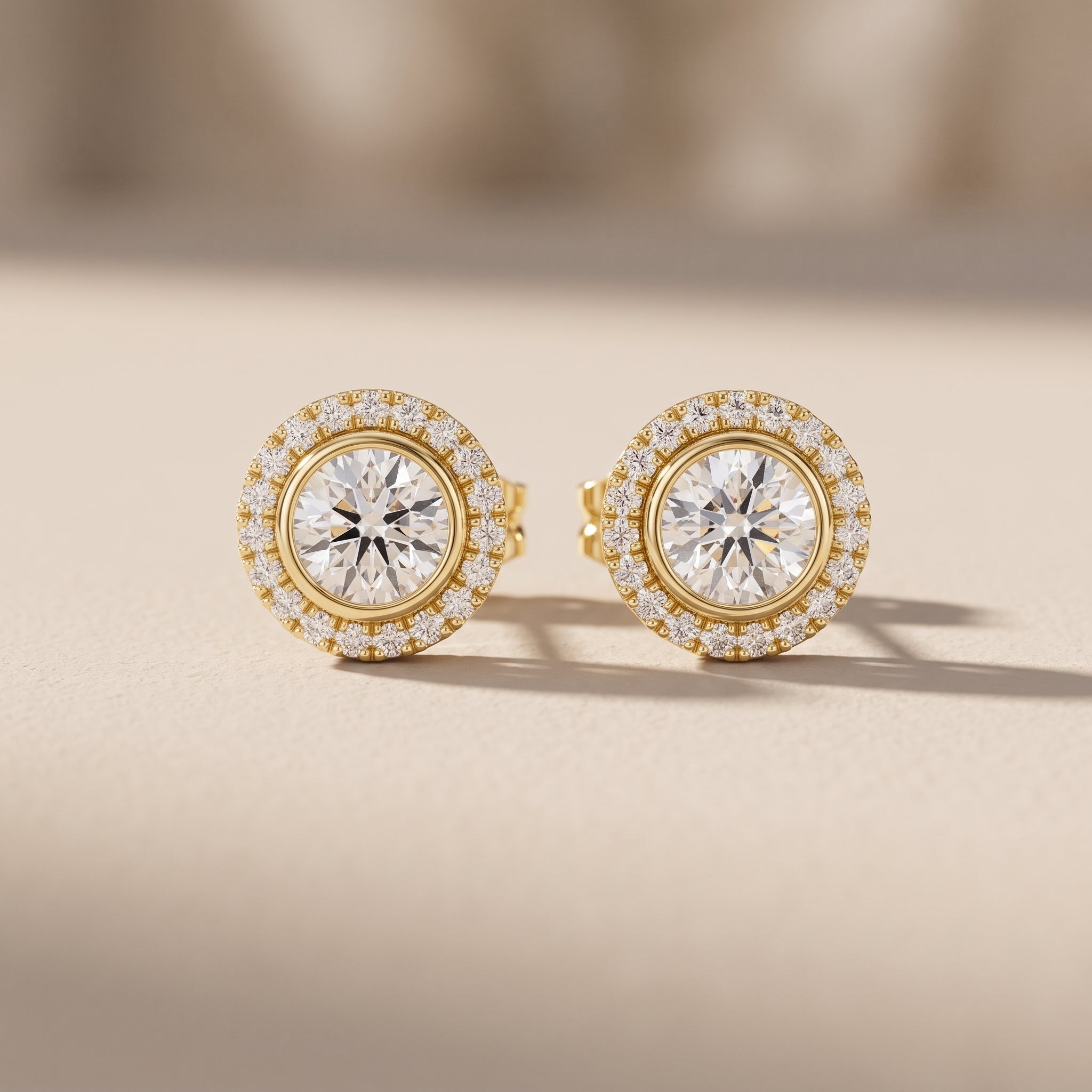 Yellow Gold Round Moissanite Halo Stud Earrings