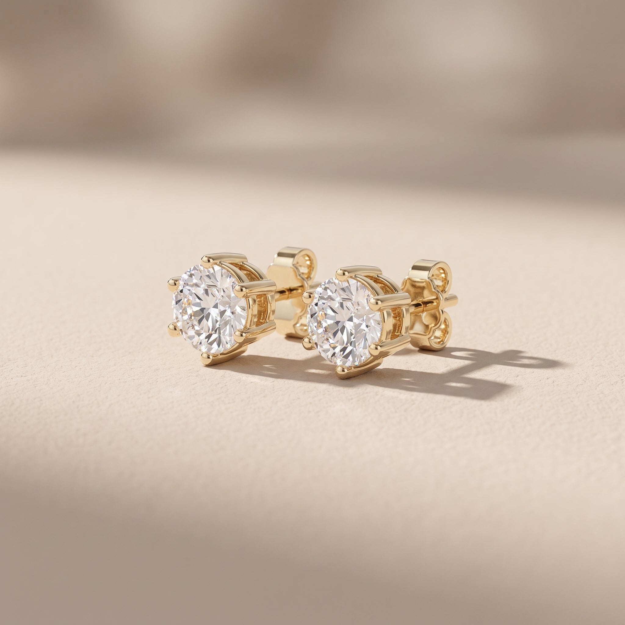 Yellow Gold Round Moissanite Stud Earrings