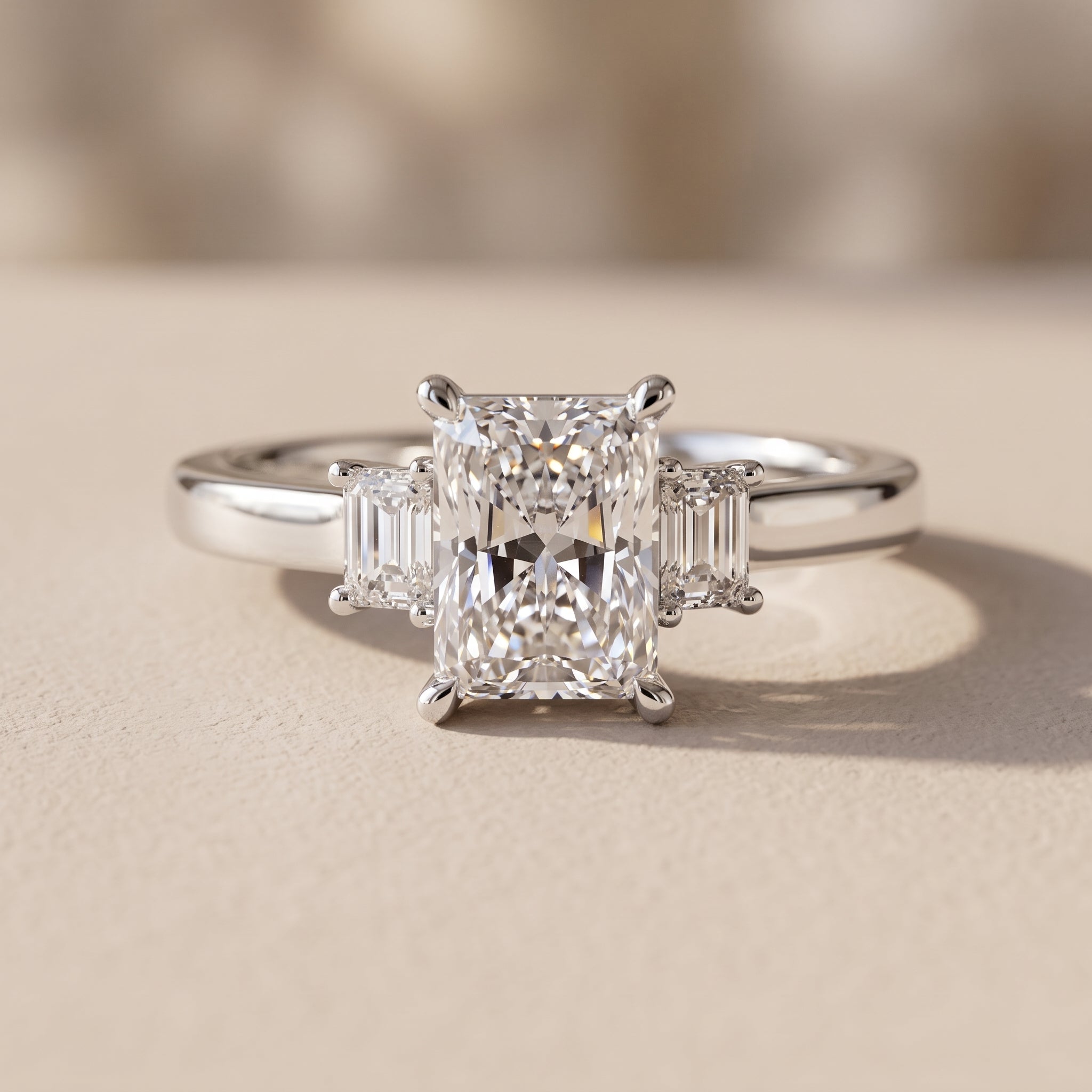 White Metal Radiant Cut Moissanite Three Stone Engagement Ring