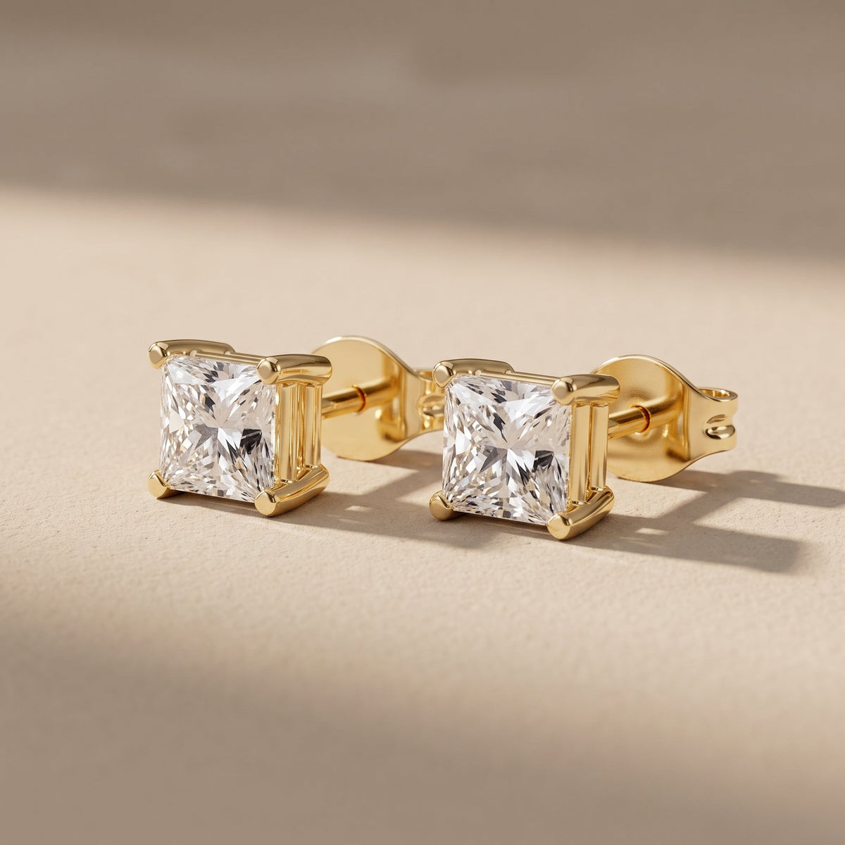 Yellow Gold Princess Cut Moissanite Stud Earrings
