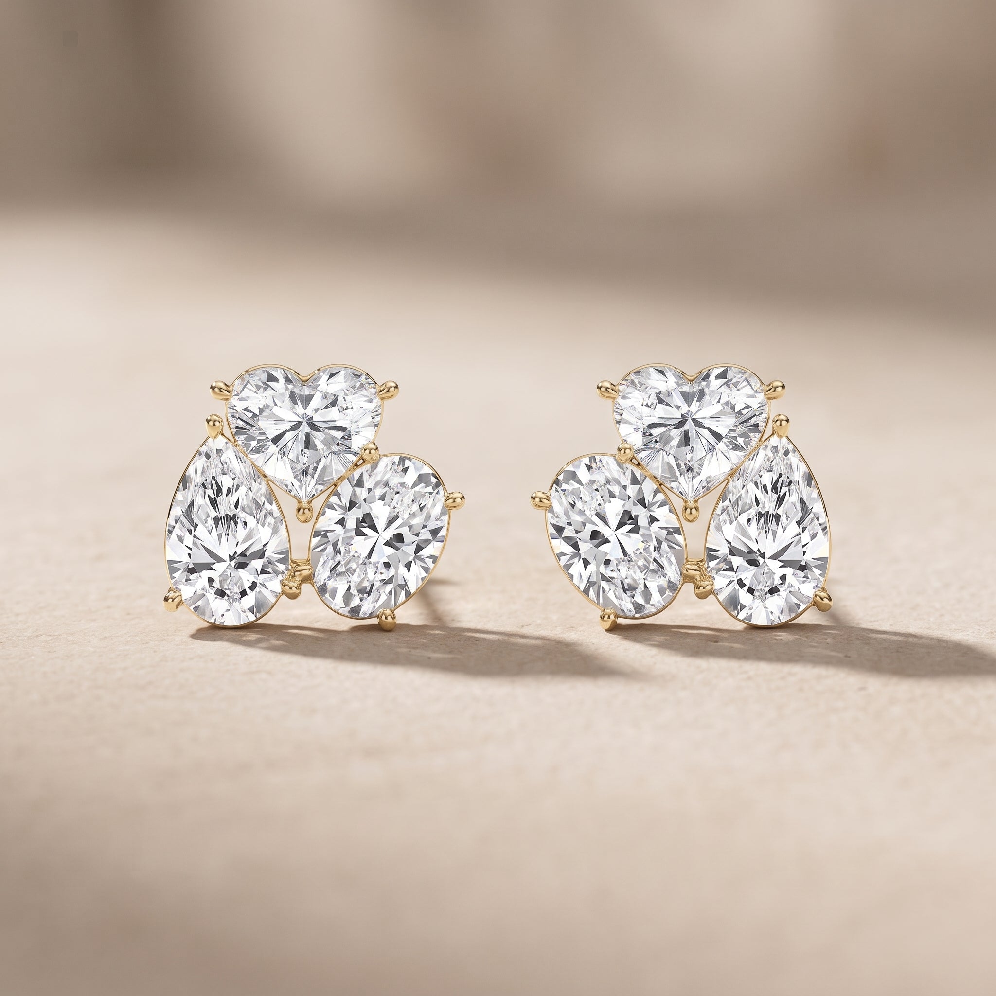 Yellow Gold Heart, Pear & Oval Moissanite Stud Earrings