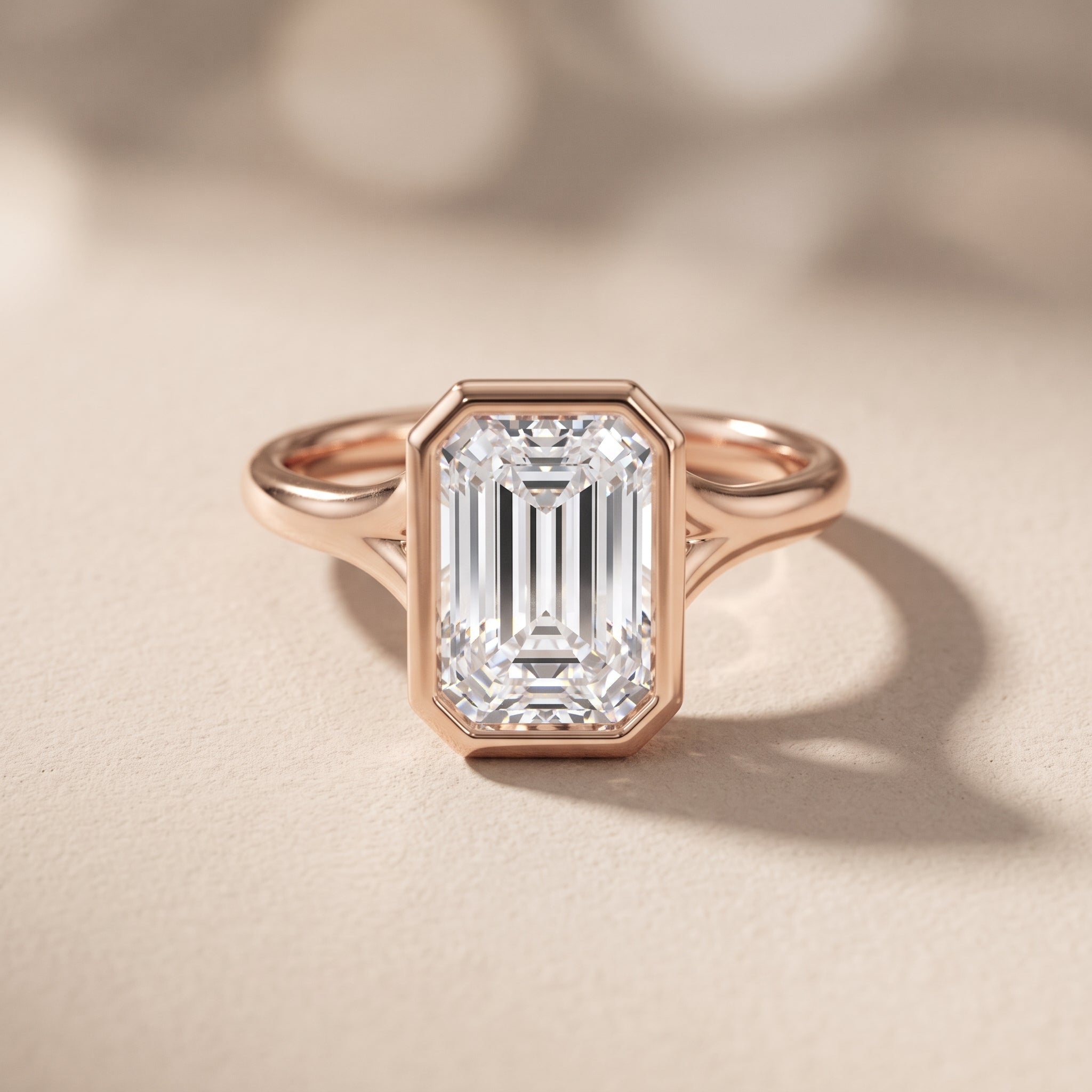 Rose Gold Emerald Cut Moissanite Bezel Engagement Ring