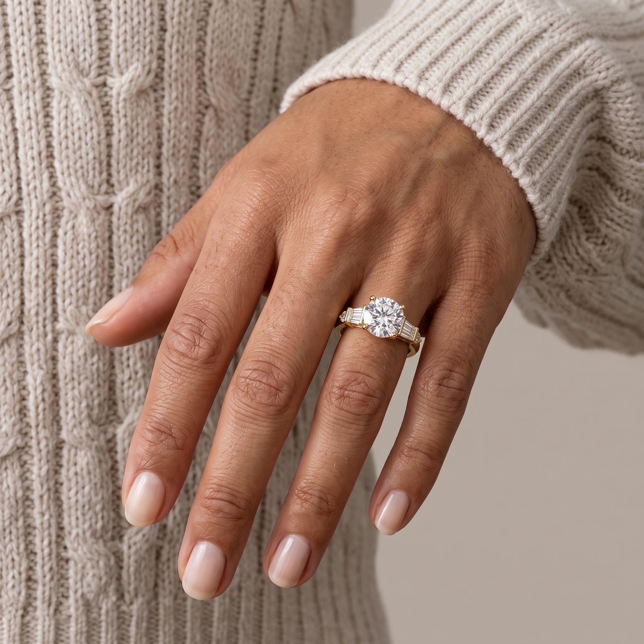 Yellow Gold Round Cut Moissanite Engagement Ring with Side Stones