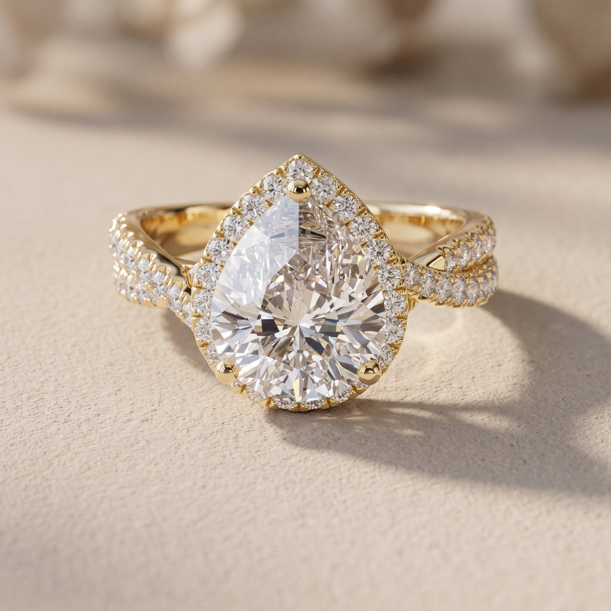 Yellow Gold Pear Cut Moissanite Halo Engagement Ring