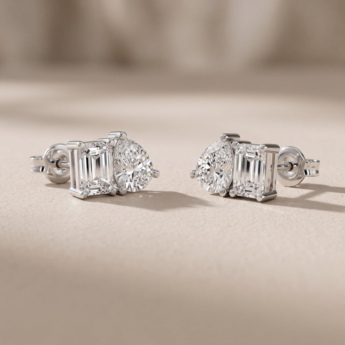 White Metal Emerald & Pear Cut Moissanite Stud Earrings