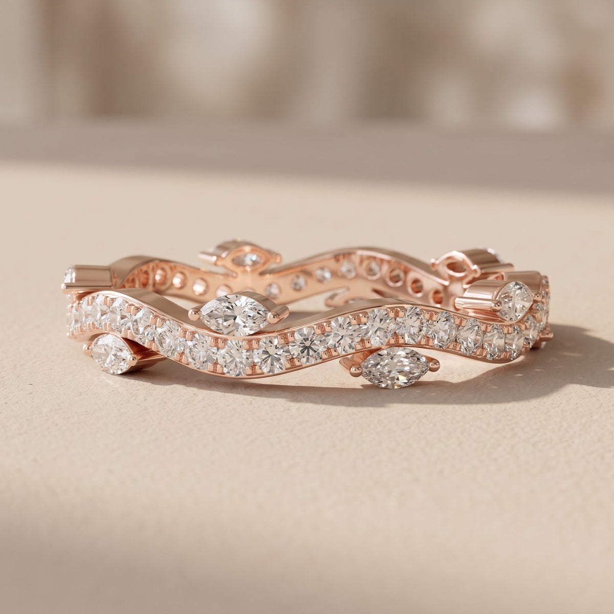 Rose Gold Marquise & Round Moissanite Curved Wedding Band