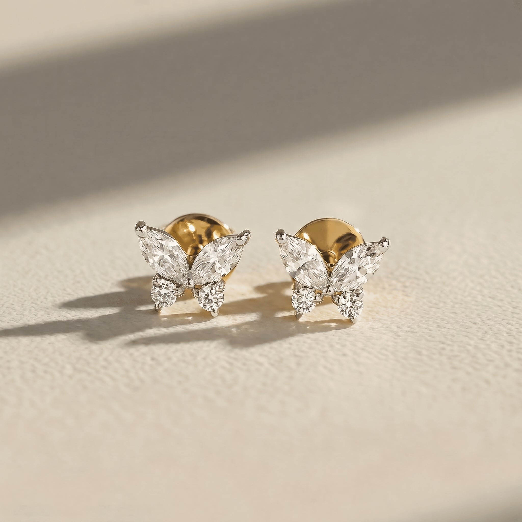 Yellow Gold Marquise & Round Moissanite Butterfly Stud Earrings