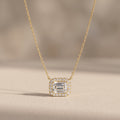 Yellow Gold Emerald Cut Moissanite Halo Pendant Necklace