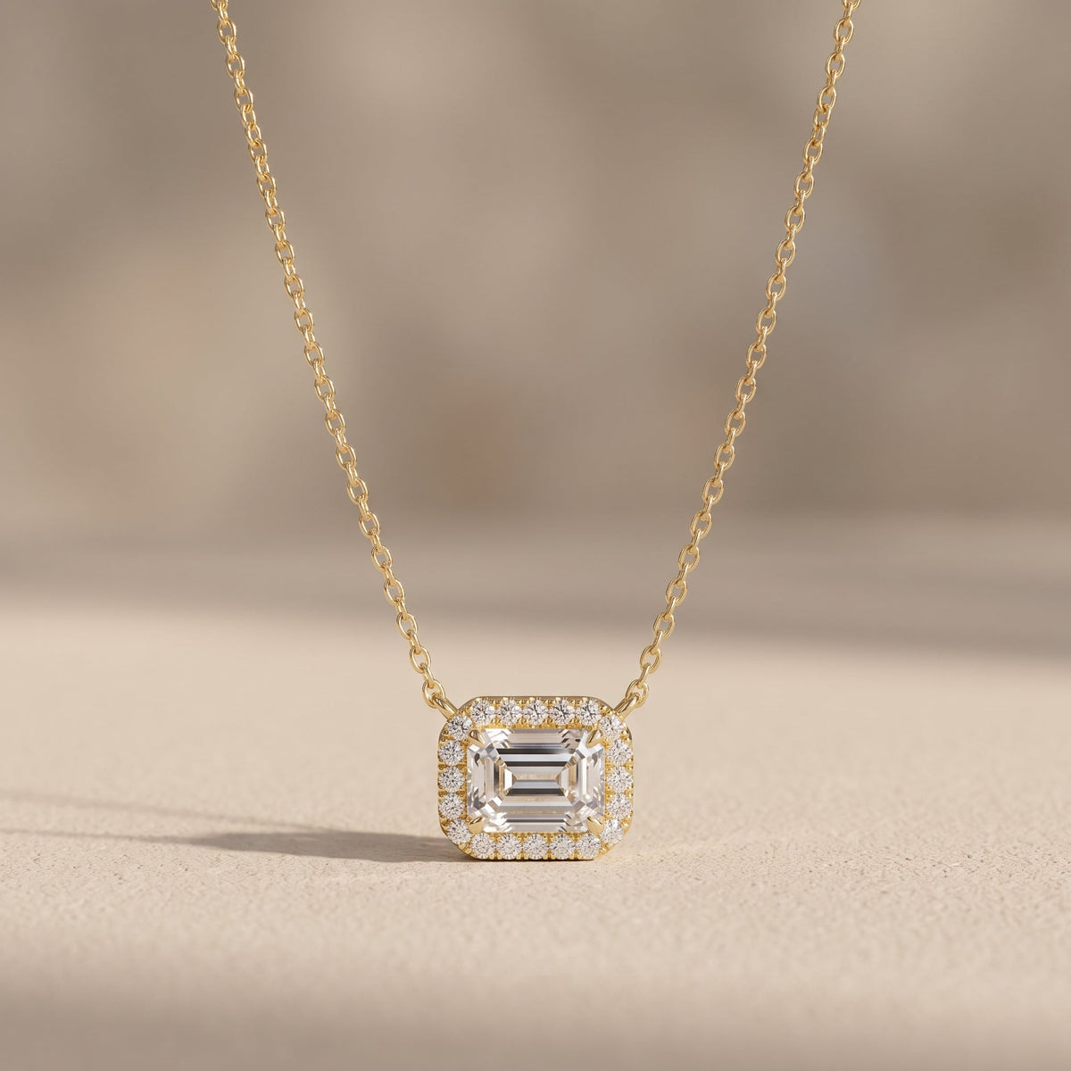Yellow Gold Emerald Cut Moissanite Halo Pendant Necklace