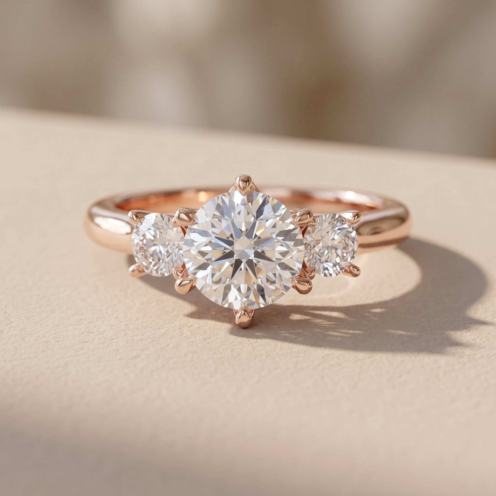Rose Gold Round Moissanite Three Stone Engagement Ring
