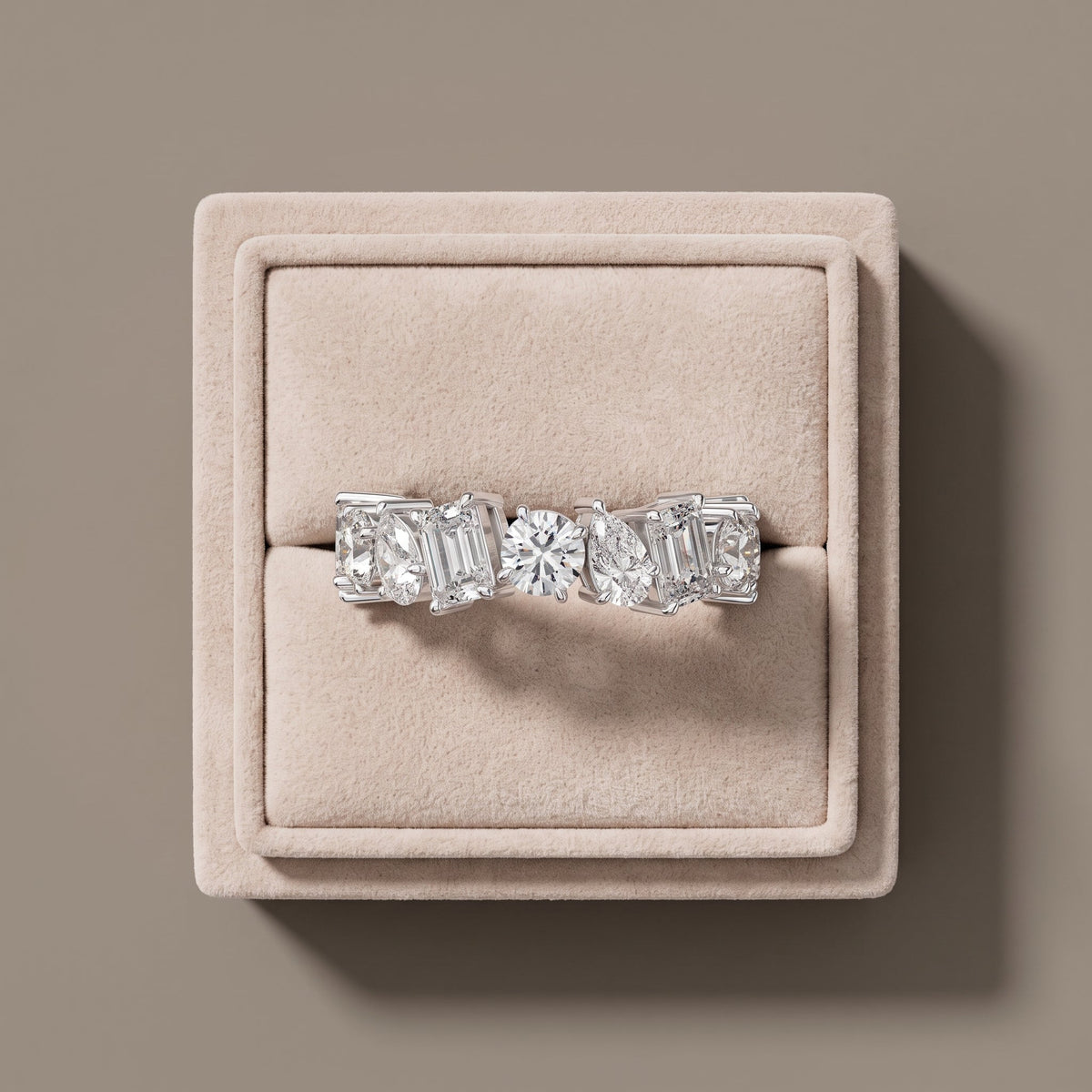 White Metal Alternating Emerald, Pear & Round Moissanite Eternity Band Ring