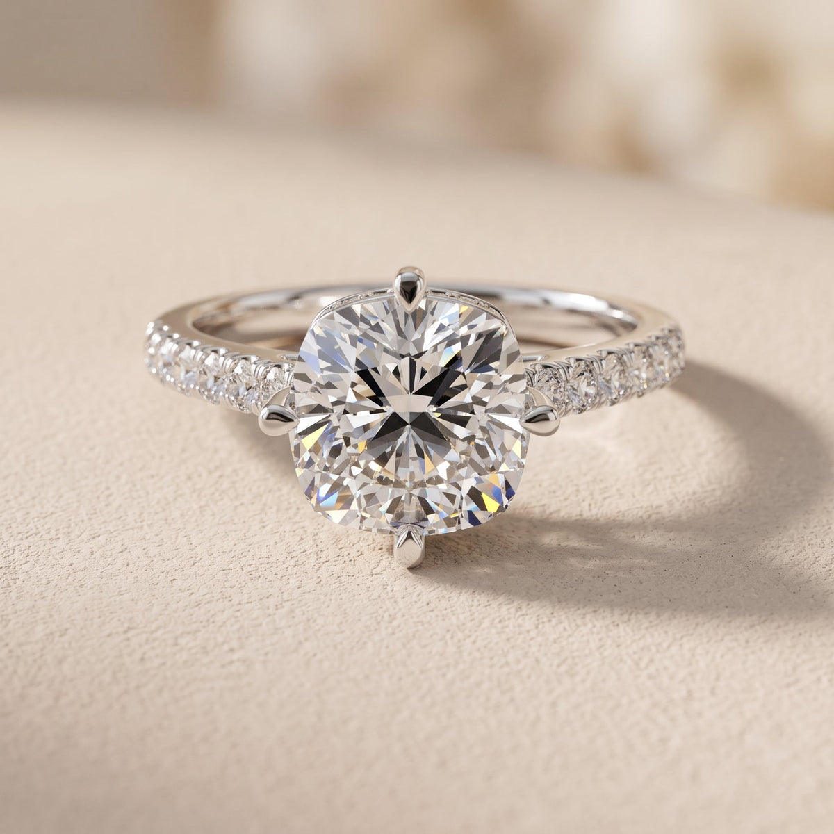 White Metal Cushion Cut Moissanite Engagement Ring