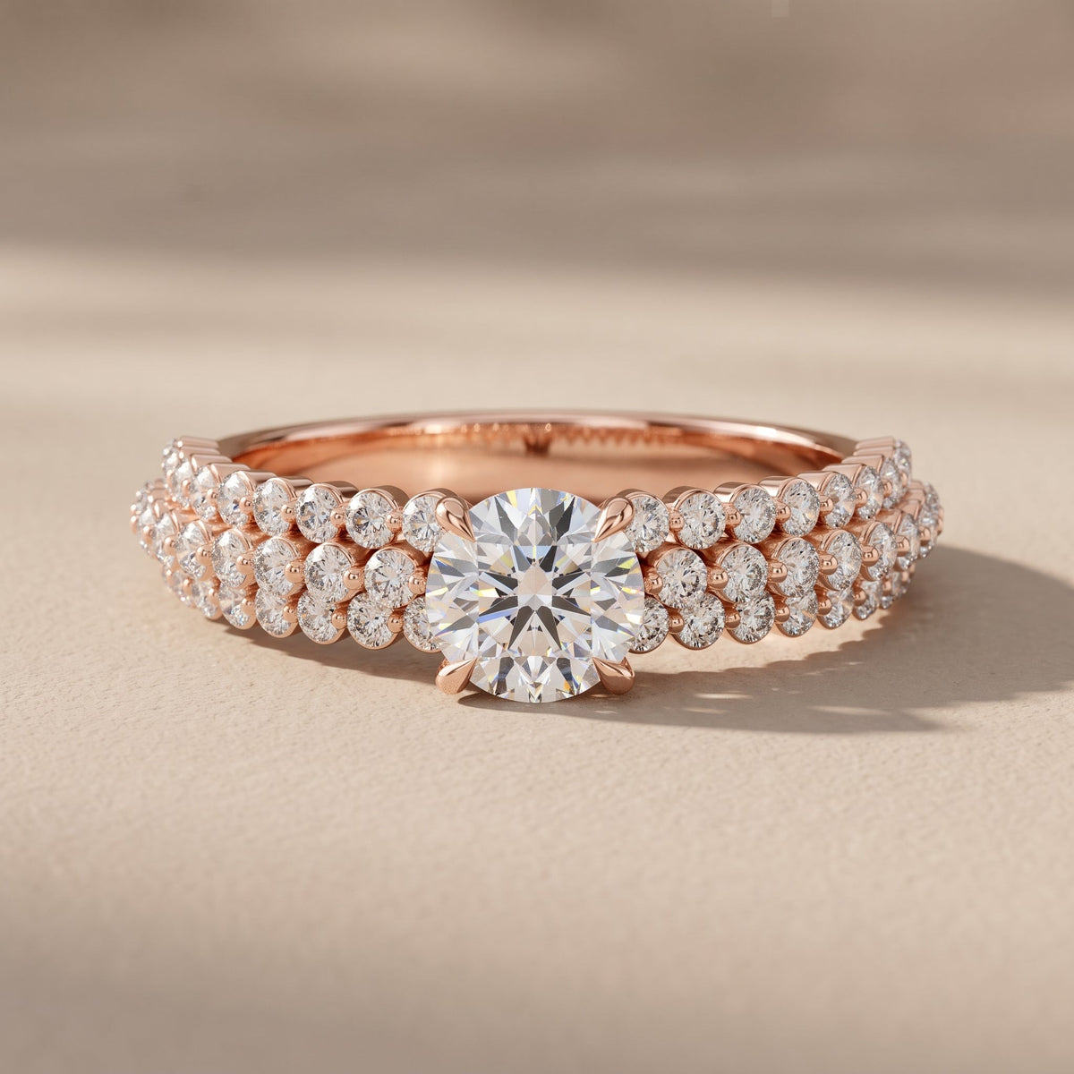 Rose Gold Round Moissanite Engagement Ring with Pavé Band