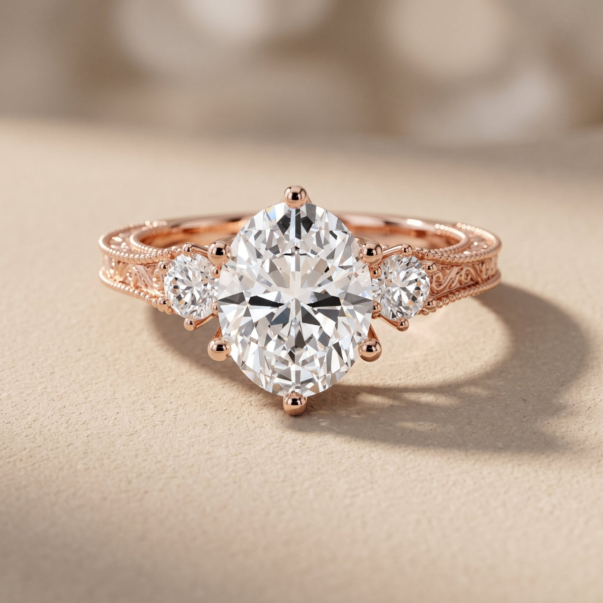 Rose Gold Oval Moissanite Engagement Ring with Side Stones