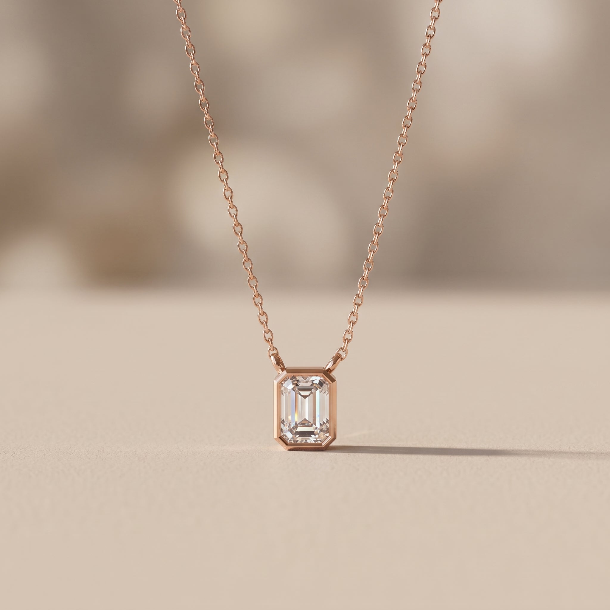 Rose Gold Emerald Cut Moissanite Pendant Necklace