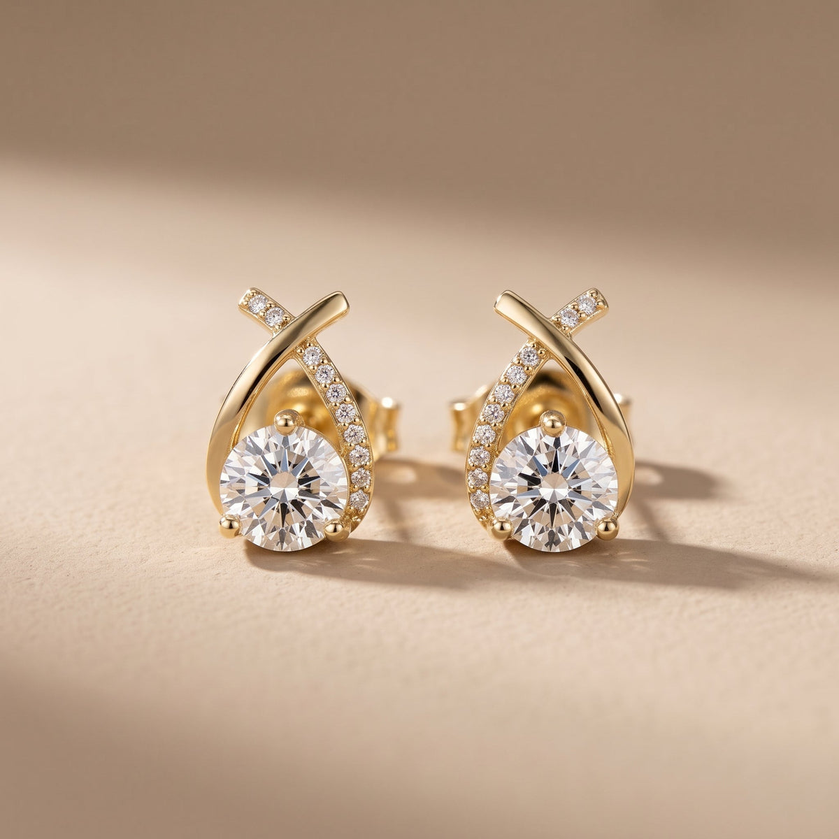 Yellow Gold Round Moissanite Stud Earrings