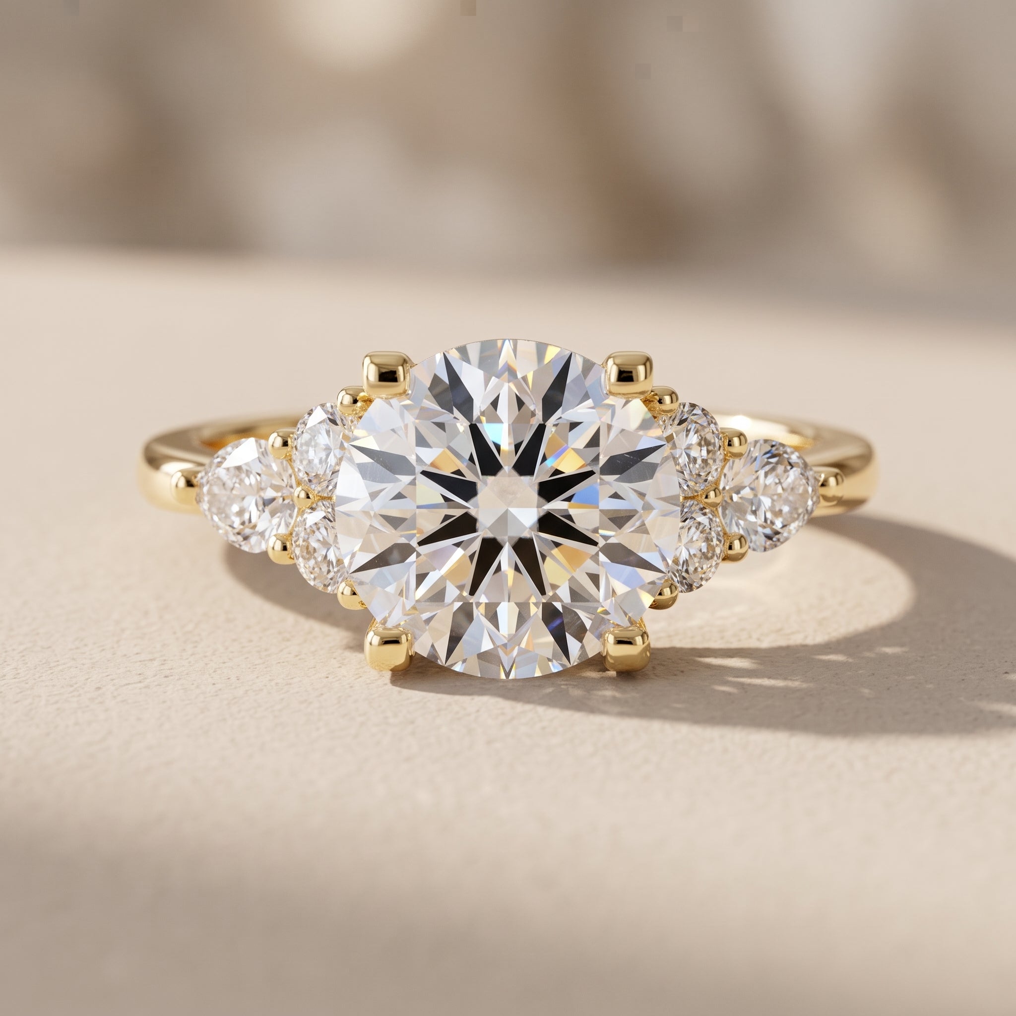 Yellow Gold Round Moissanite Engagement Ring with Side Stones