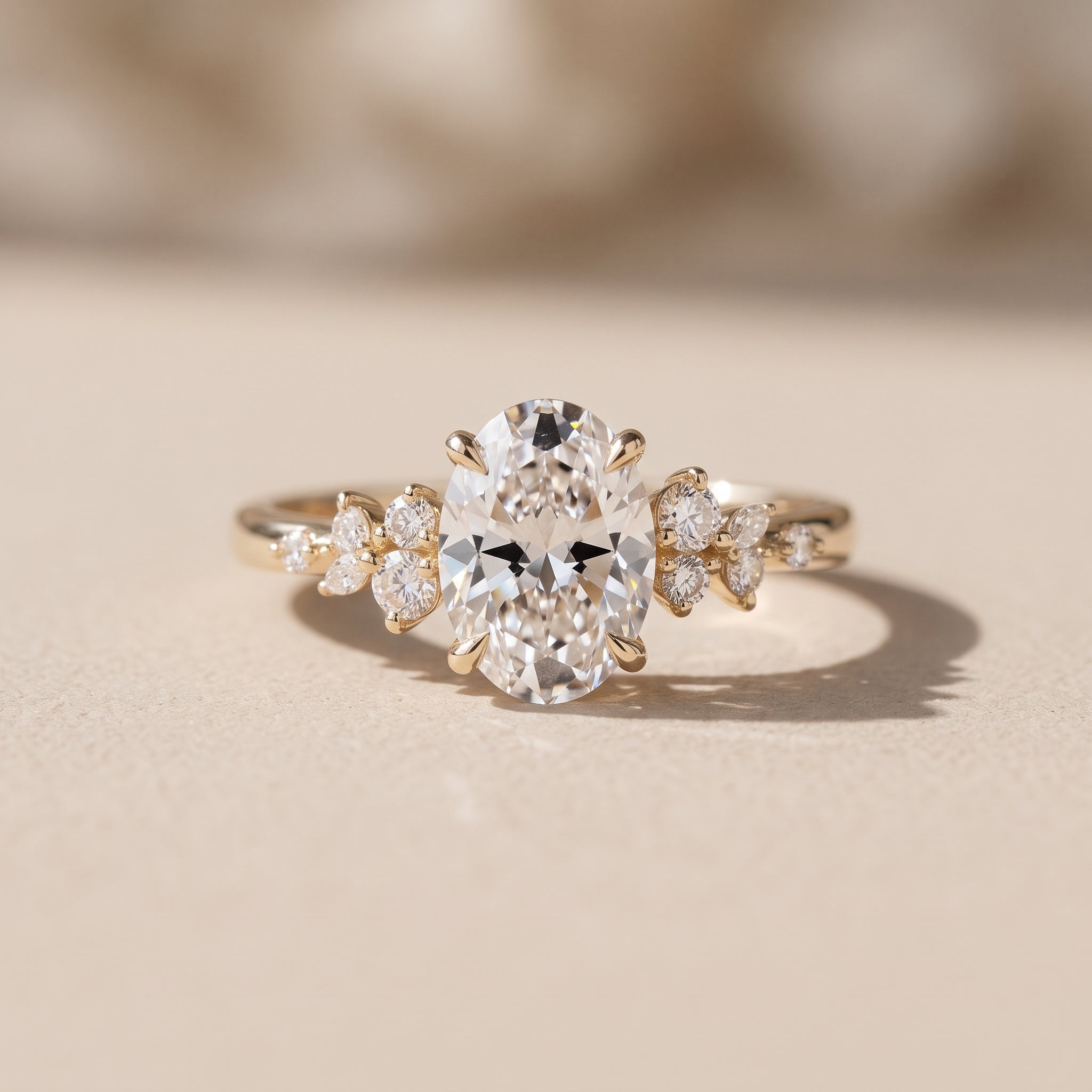 Yellow Gold Oval Cut Moissanite Floral Engagement Ring