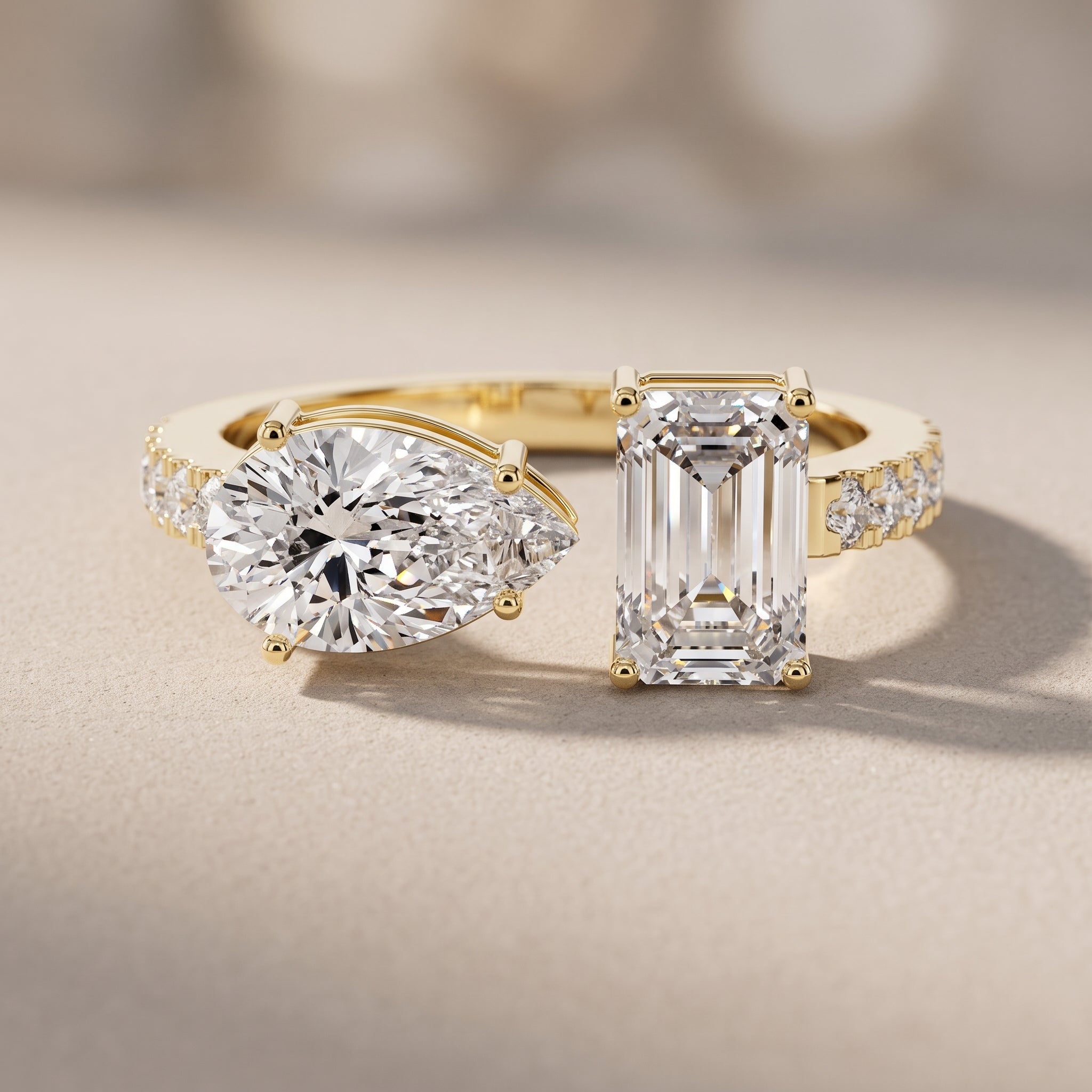 Yellow Gold Pear & Emerald Cut Moissanite Engagement Ring