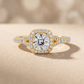 Yellow Gold Cushion Cut Moissanite Halo Engagement Ring