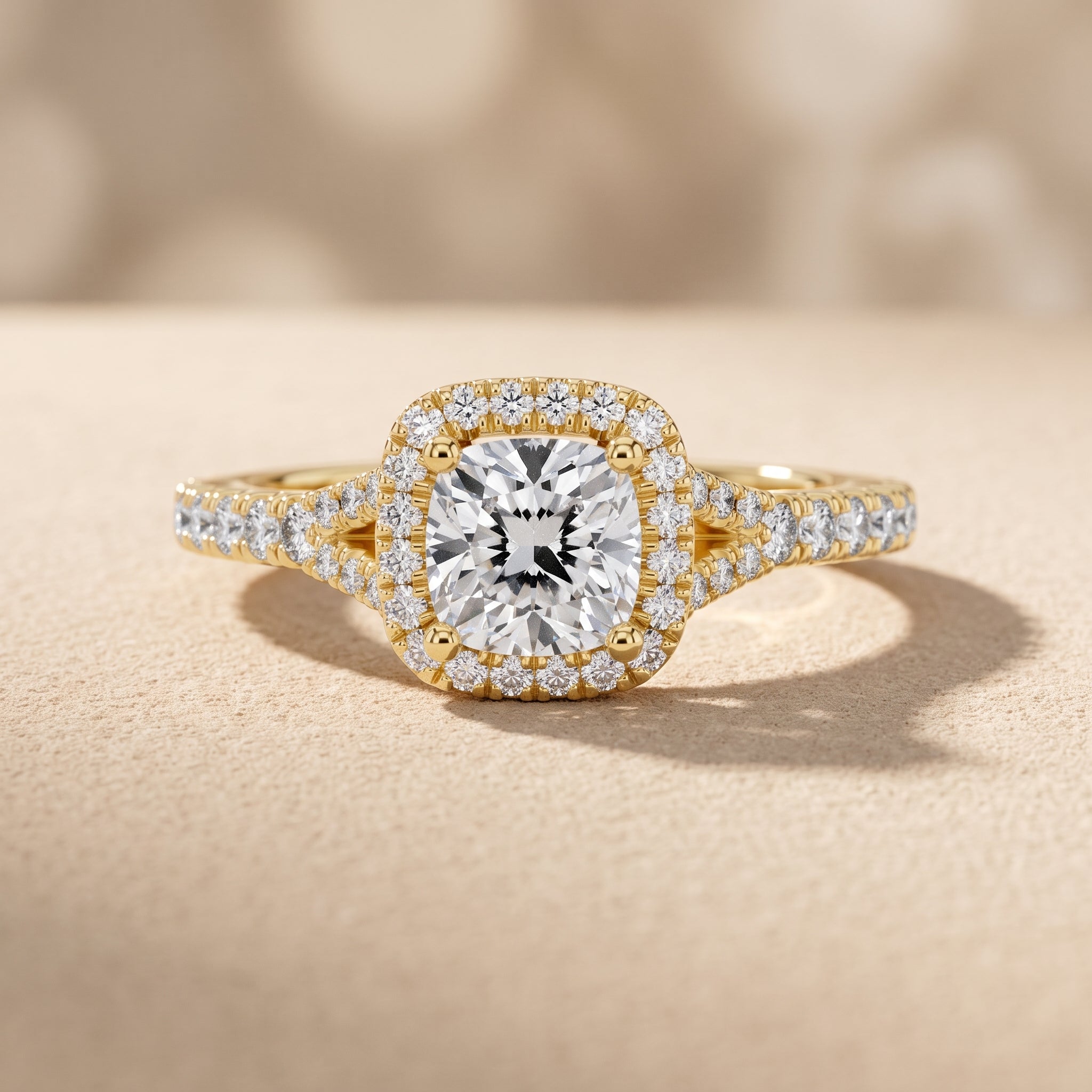 Yellow Gold Cushion Cut Moissanite Halo Engagement Ring