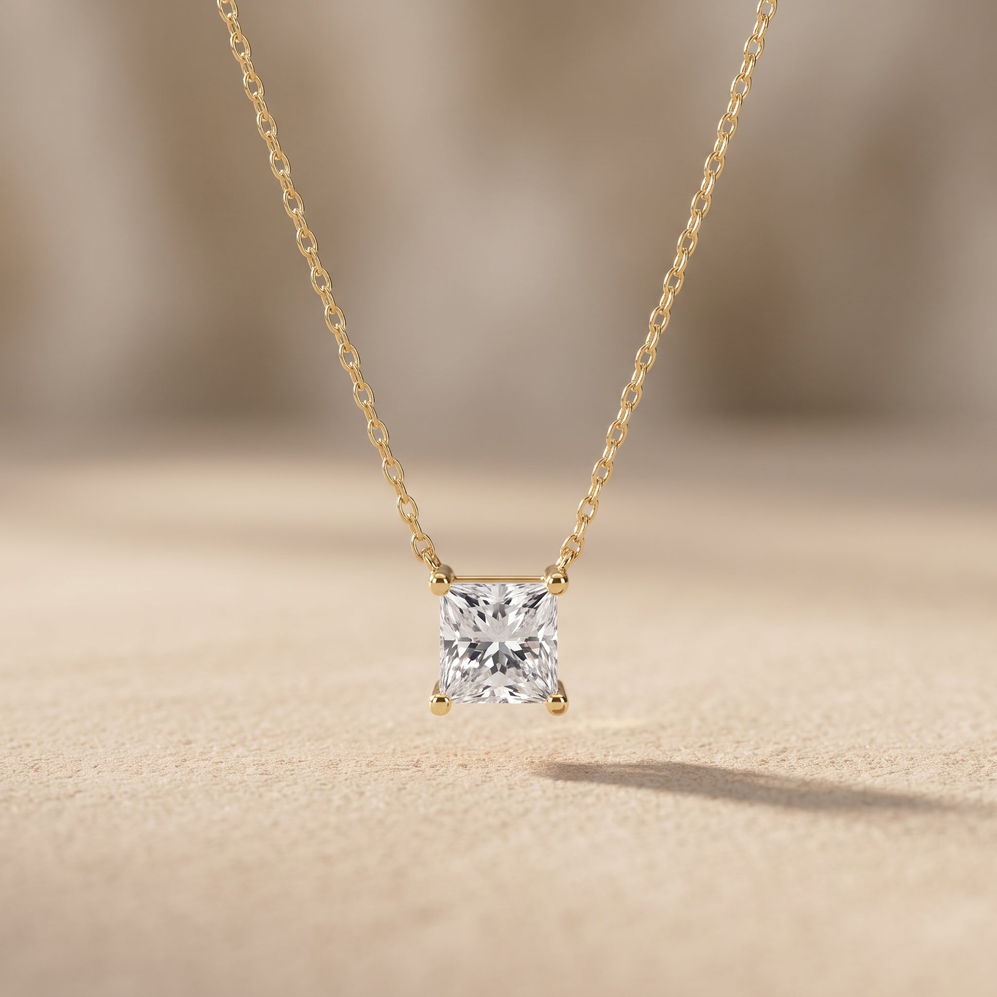 Yellow Gold Princess Cut Moissanite Pendant Necklace