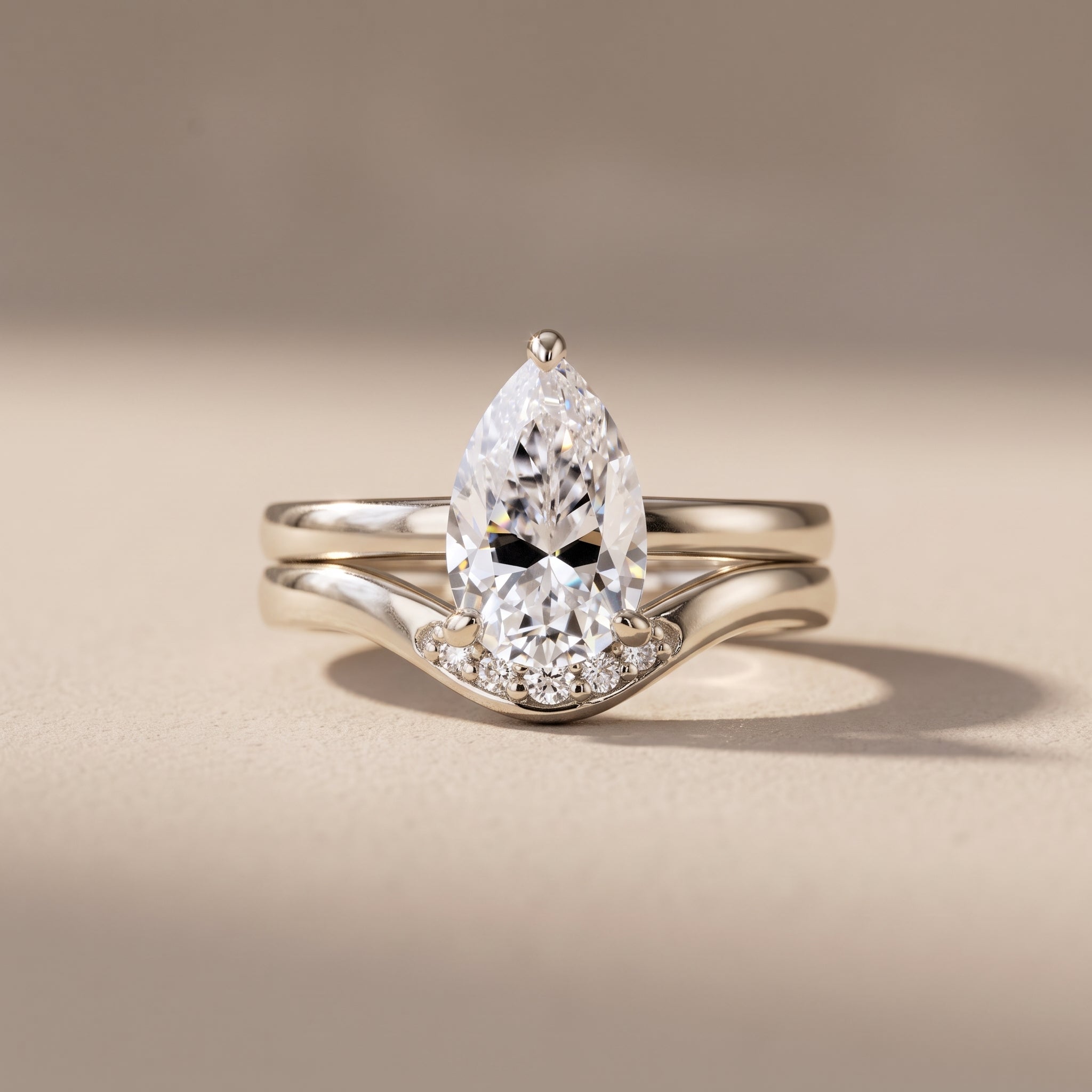 White Metal Pear Cut Moissanite Engagement Ring Set