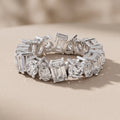 White Metal Alternating Emerald, Pear & Round Moissanite Eternity Band Ring