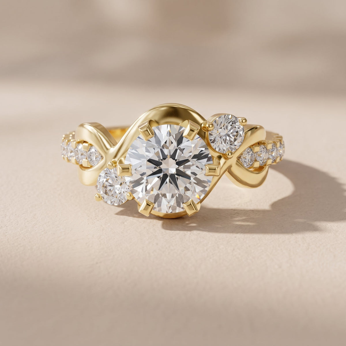 Yellow Gold Round Moissanite Twisted Three Stone Engagement Ring