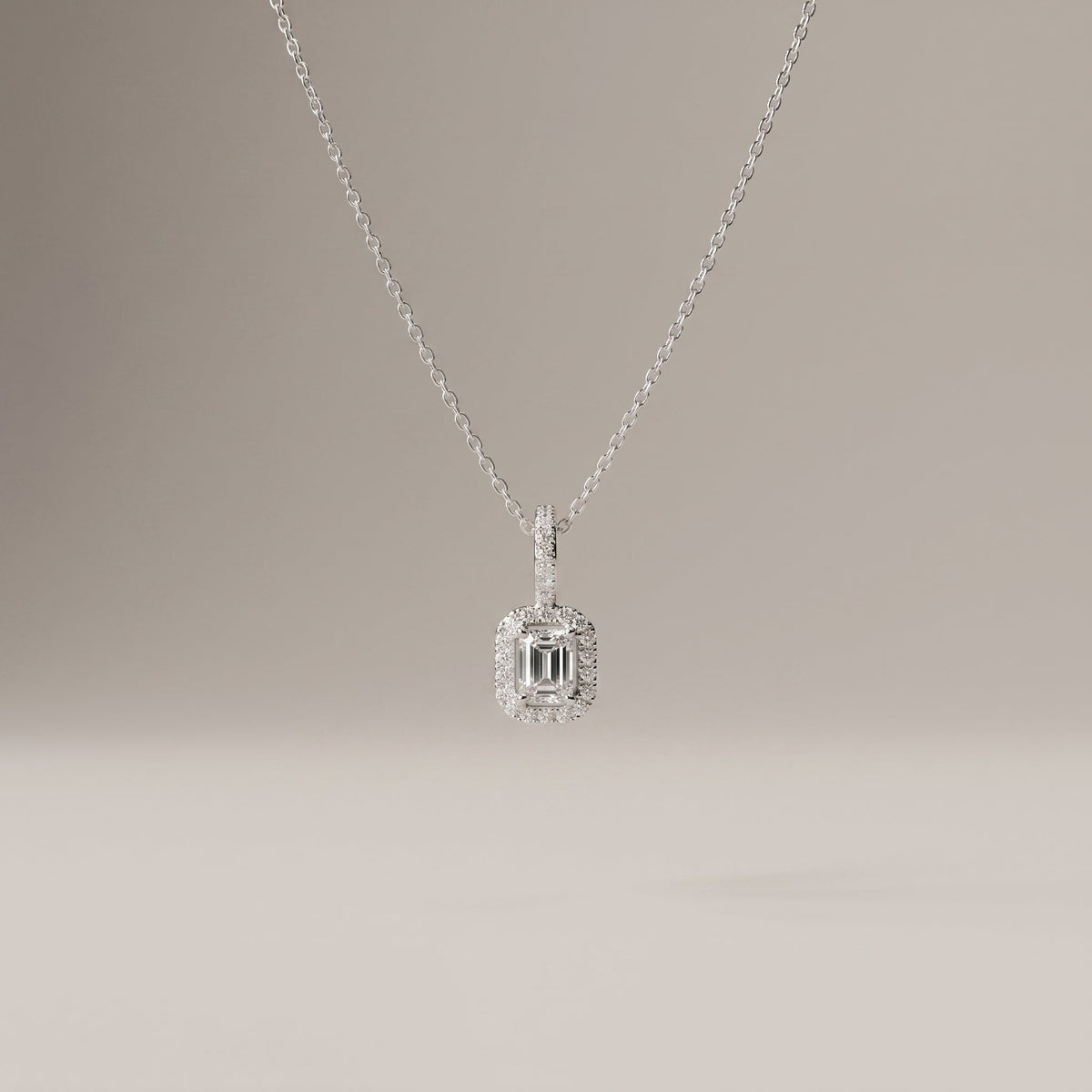 White Gold Emerald Cut Moissanite Halo Pendant Necklace