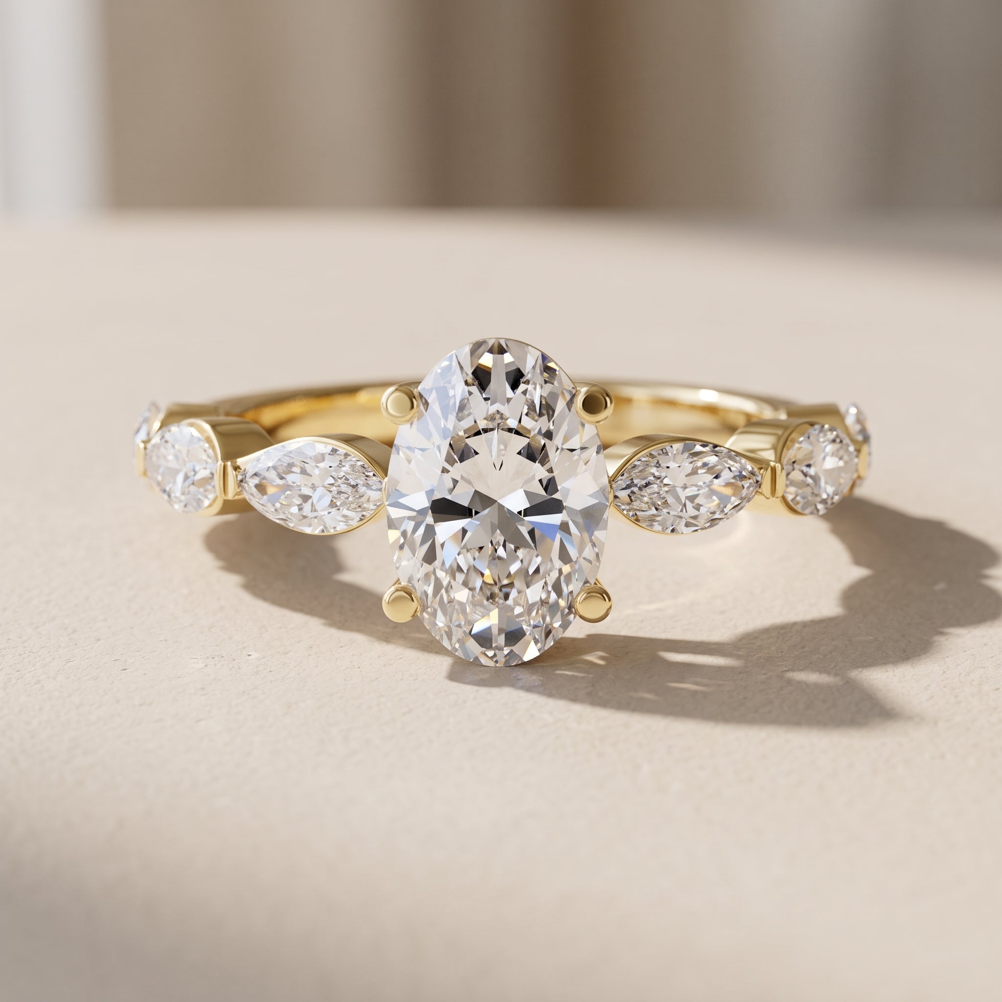 Yellow Gold Oval Moissanite Engagement Ring with Marquise Accents