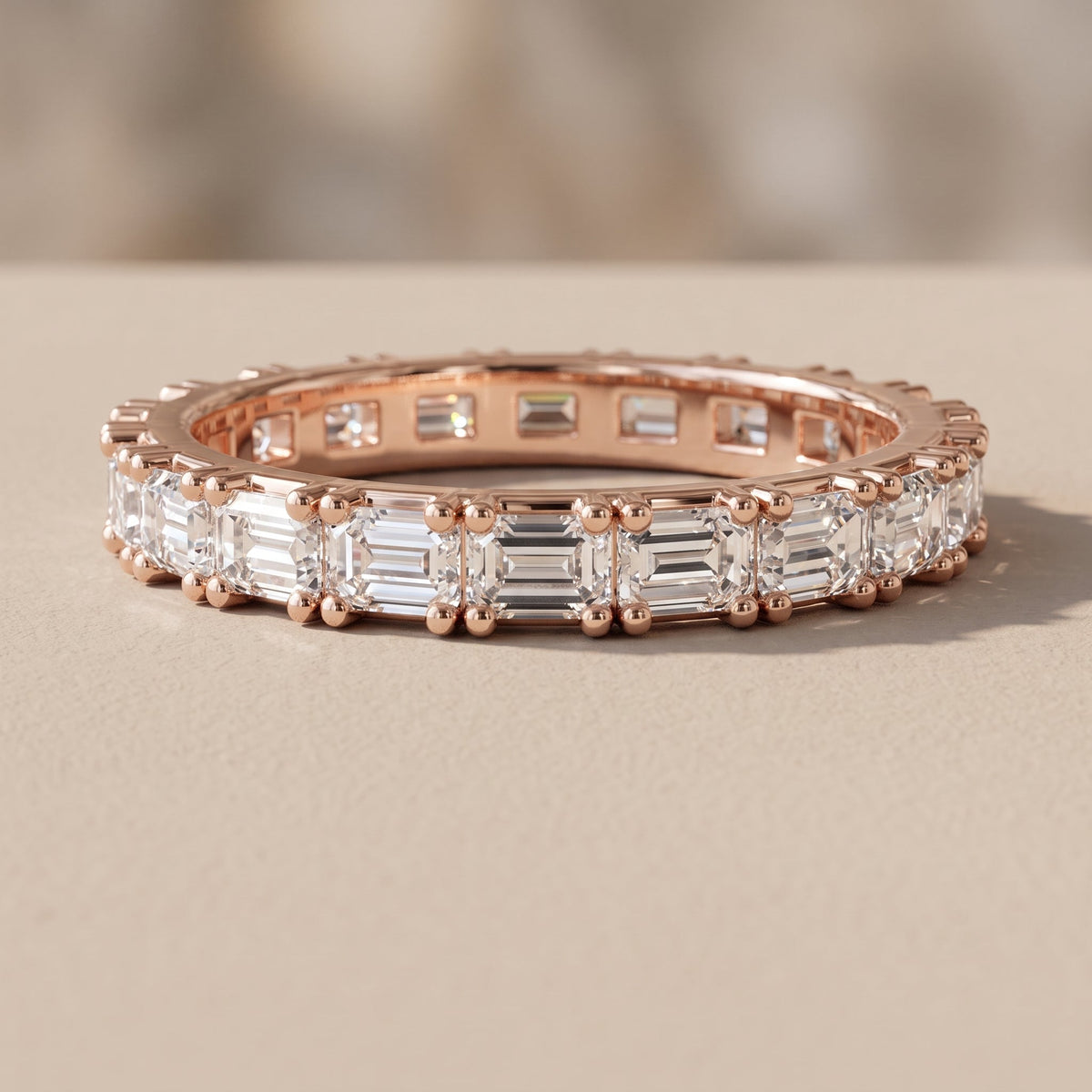 Rose Gold Emerald Cut Moissanite Eternity Band Ring