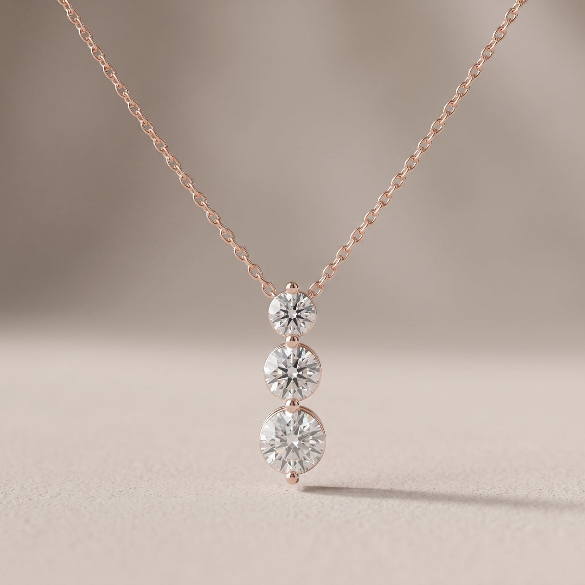 Rose Gold Round Moissanite Three Stone Drop Pendant Necklace