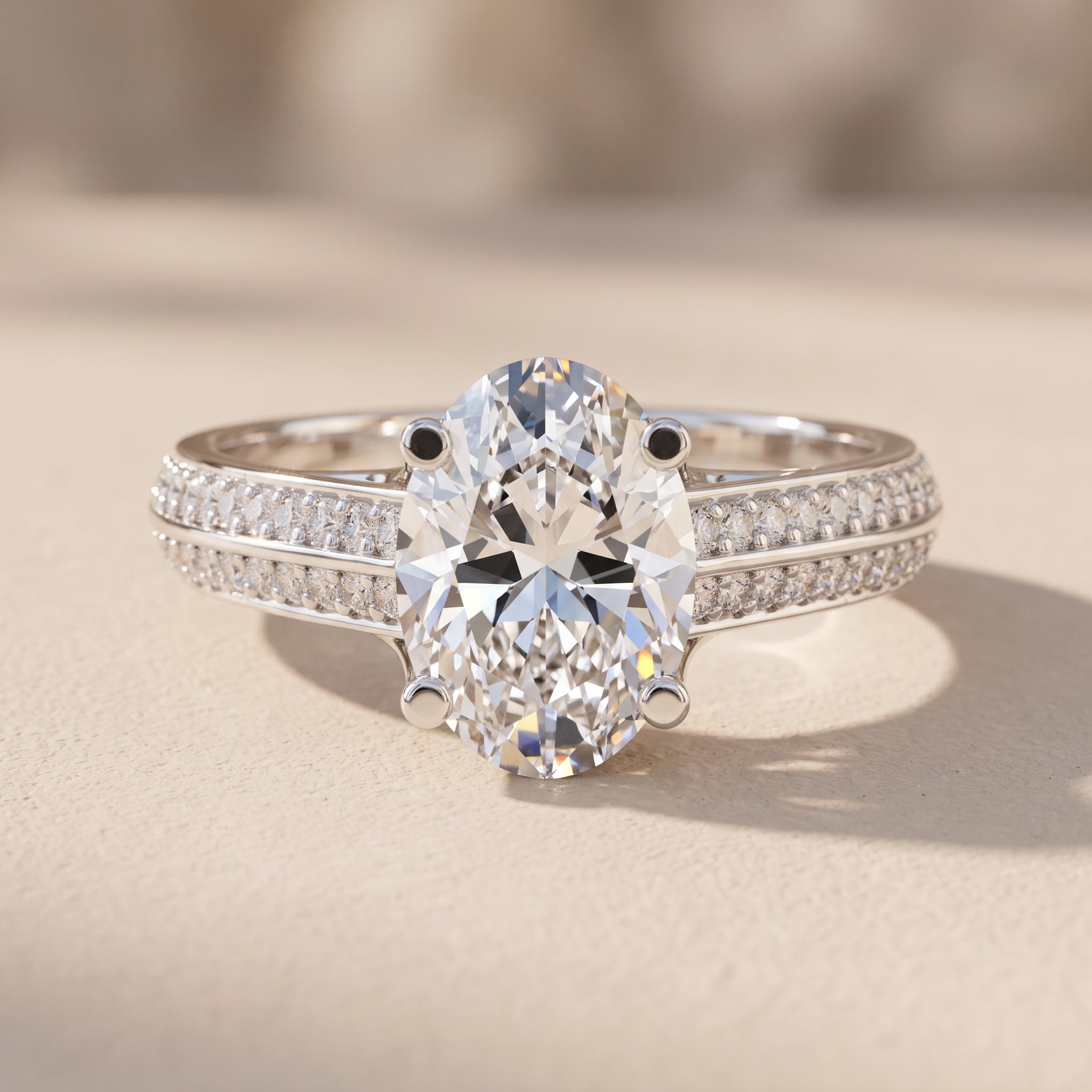 White Gold Oval Cut Moissanite Engagement Ring with Pavé Band