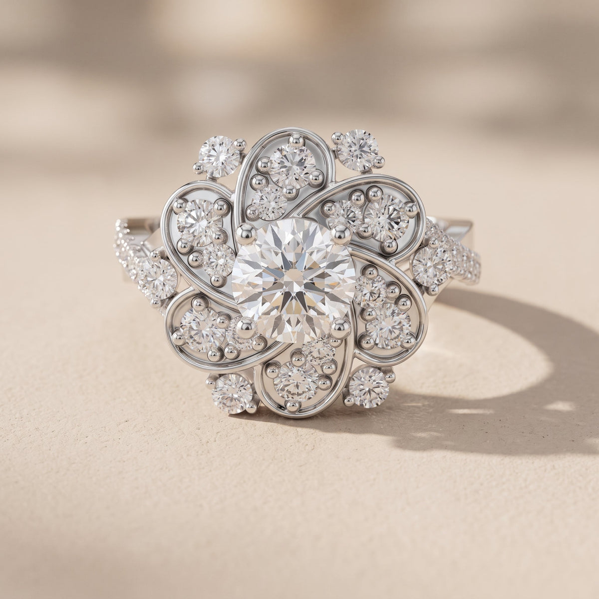 White Gold Round Moissanite Floral Halo Engagement Ring