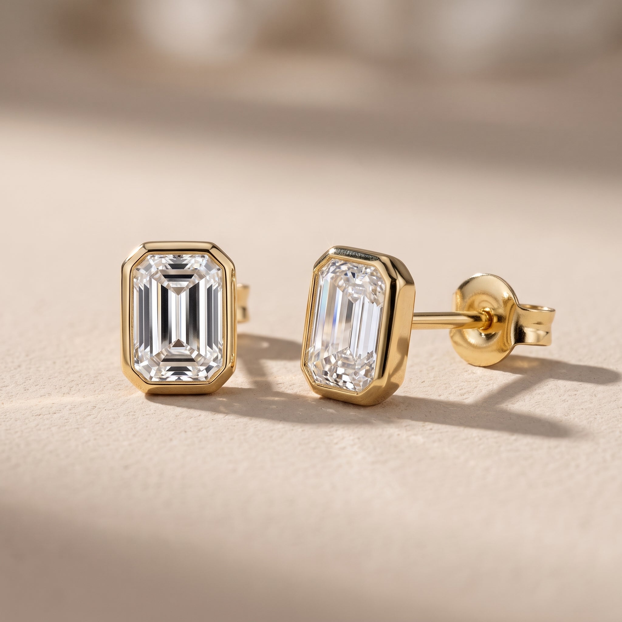 Yellow Gold Emerald Cut Moissanite Stud Earrings