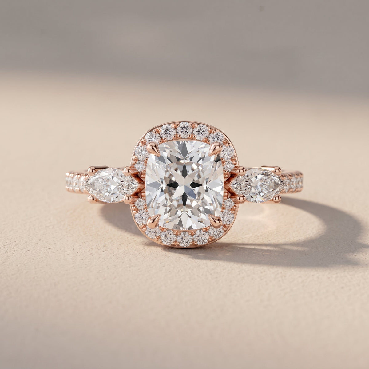 Rose Gold Cushion Moissanite Halo Engagement Ring