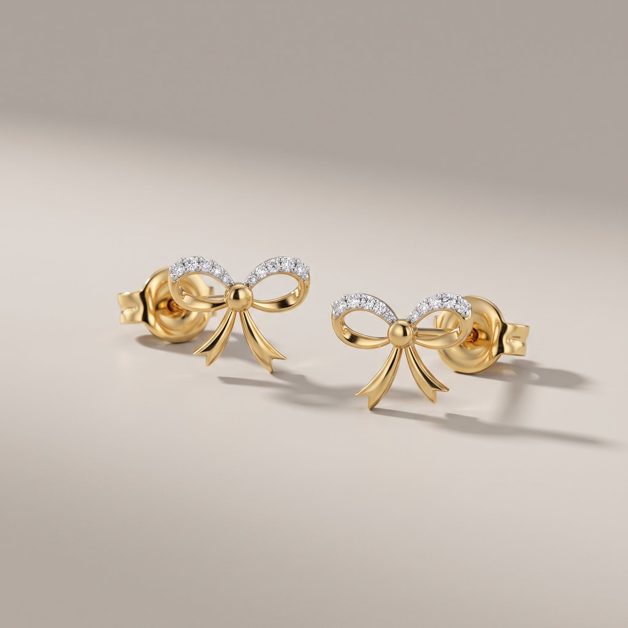 Yellow Gold Round Moissanite Bow Stud Earrings