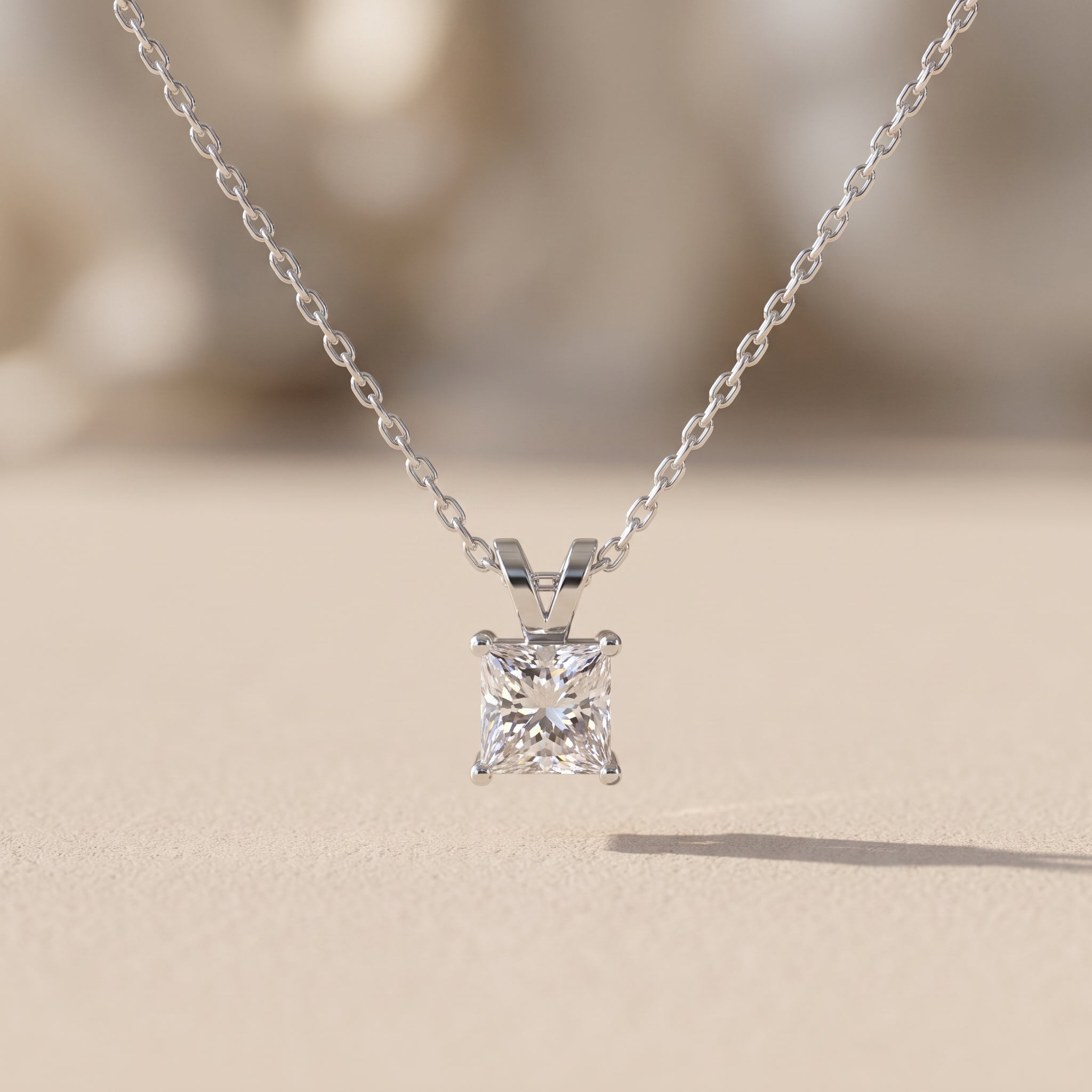 White Metal Princess Cut Moissanite Pendant Necklace