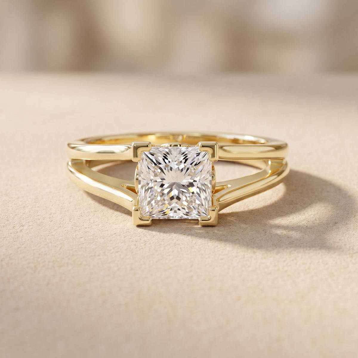 Yellow Gold Princess Cut Moissanite Split Shank Engagement Ring