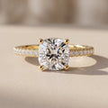 Yellow Gold Cushion Cut Moissanite Engagement Ring with Pavé Band