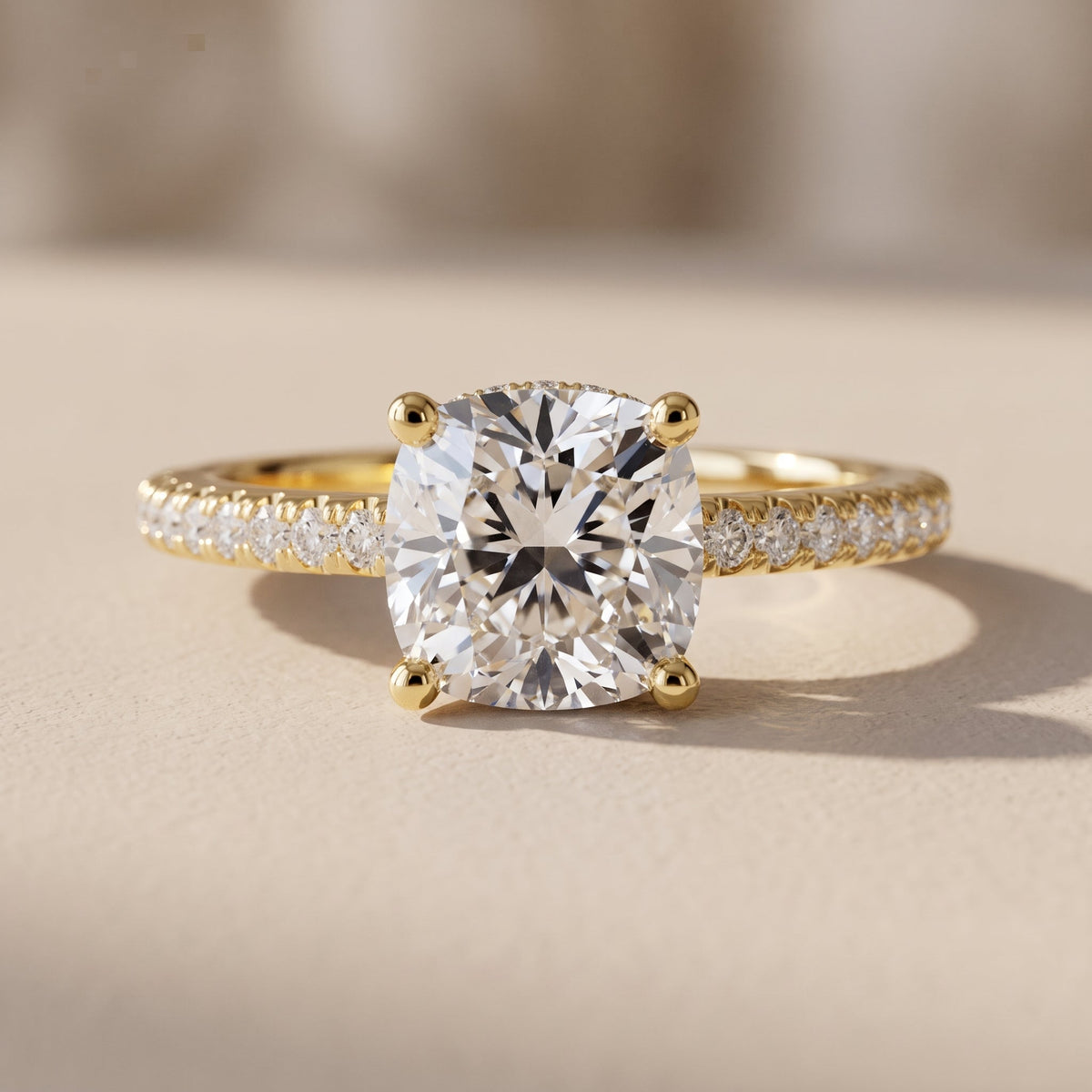 Yellow Gold Cushion Cut Moissanite Engagement Ring with Pavé Band