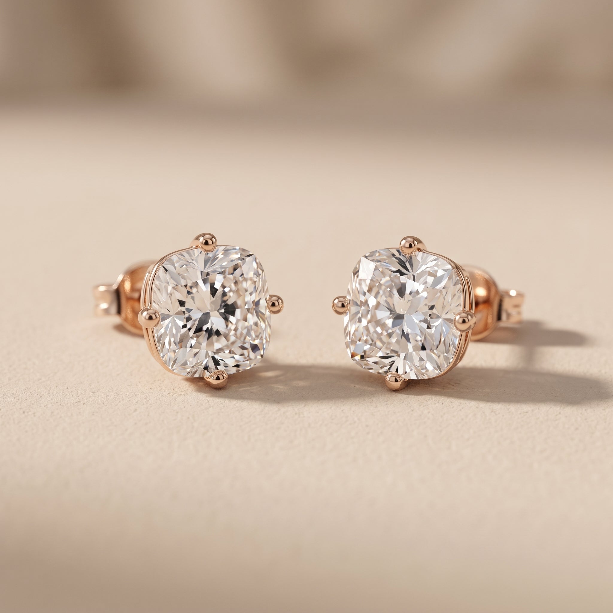 Rose Gold Cushion Cut Moissanite Stud Earrings