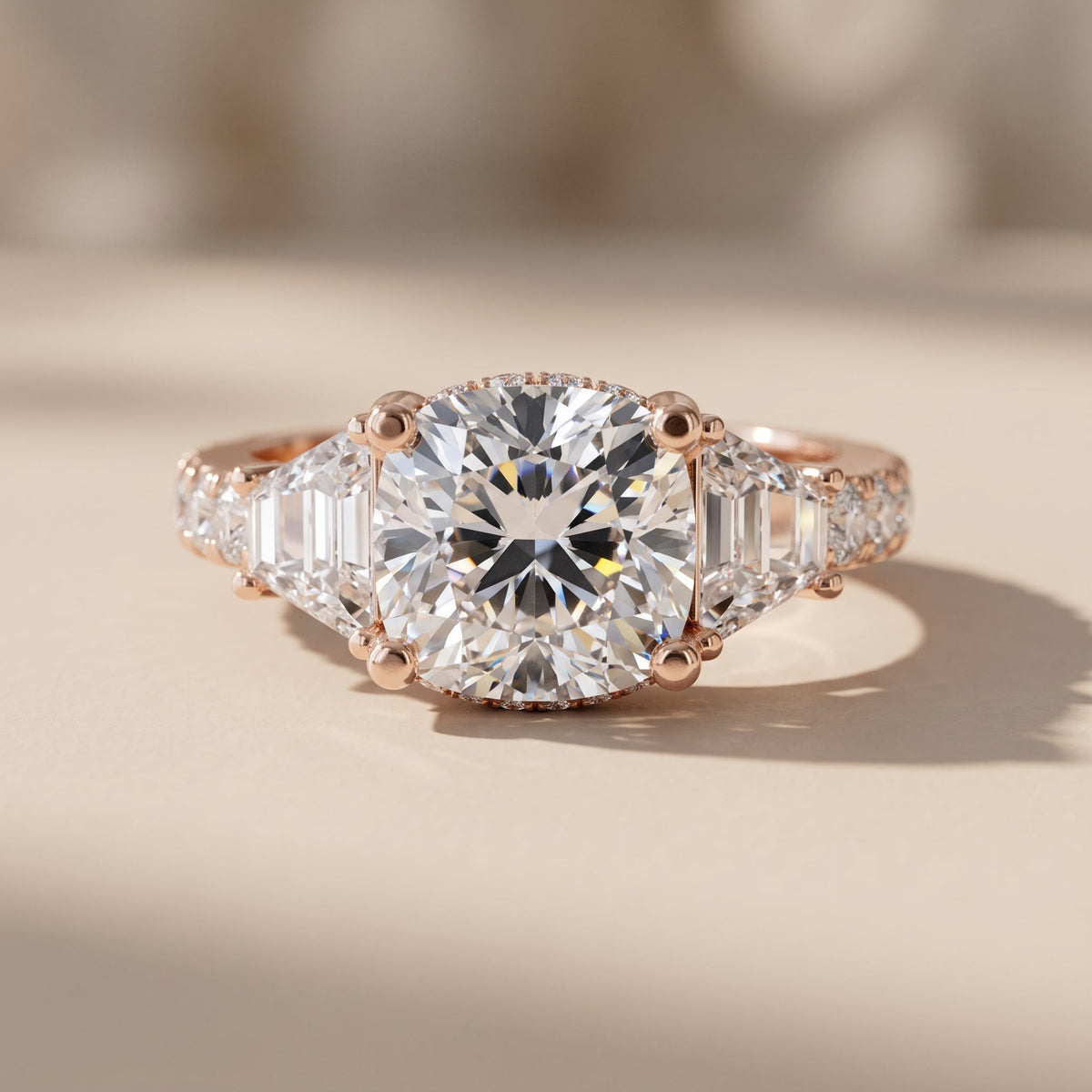 Rose Gold Cushion Moissanite Engagement Ring with Tapered Side Stones