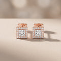 Rose Gold Princess Cut Moissanite Stud Earrings with Halo
