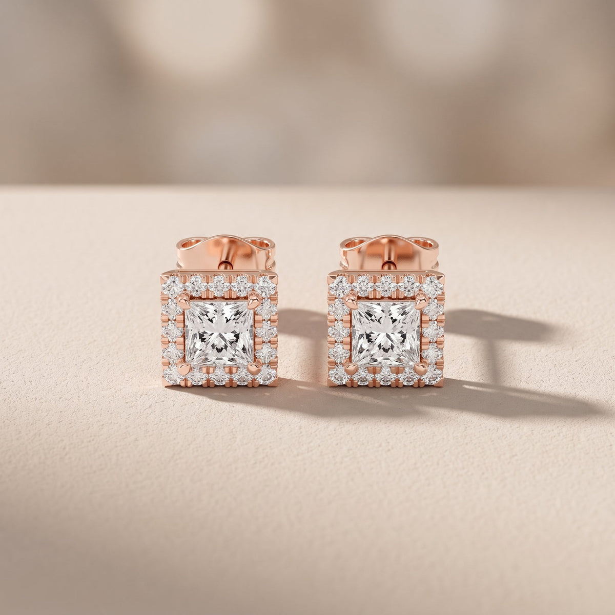 Rose Gold Princess Cut Moissanite Stud Earrings with Halo