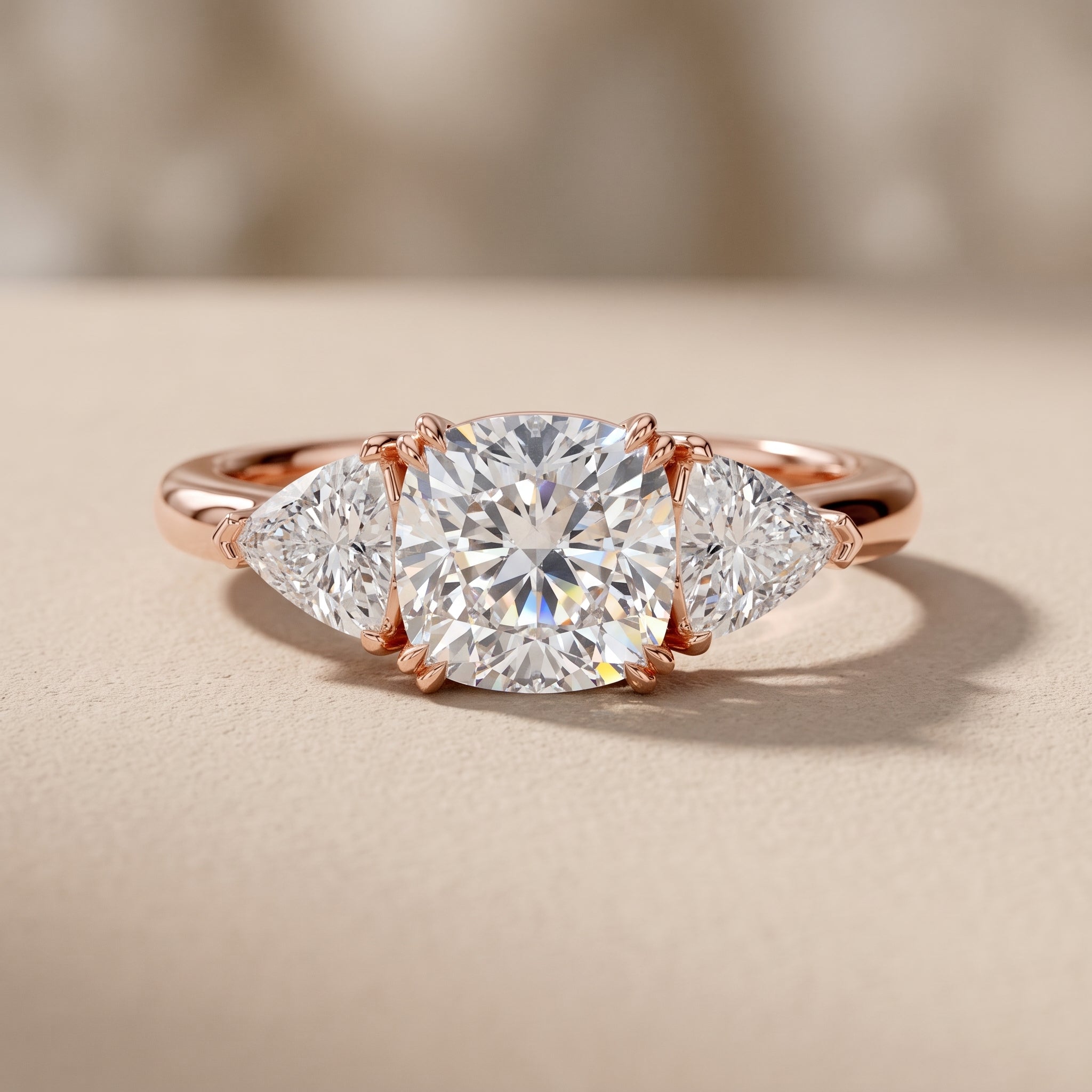 Rose Gold Cushion Cut Moissanite Three Stone Engagement Ring