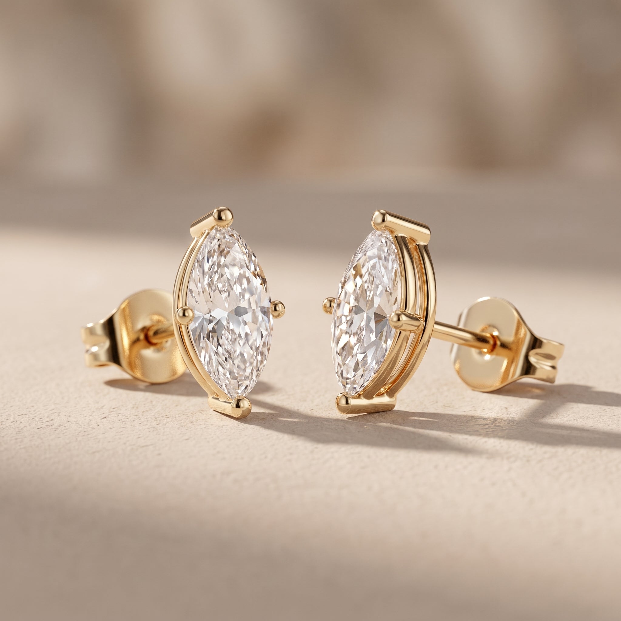 Yellow Gold Marquise Moissanite Stud Earrings