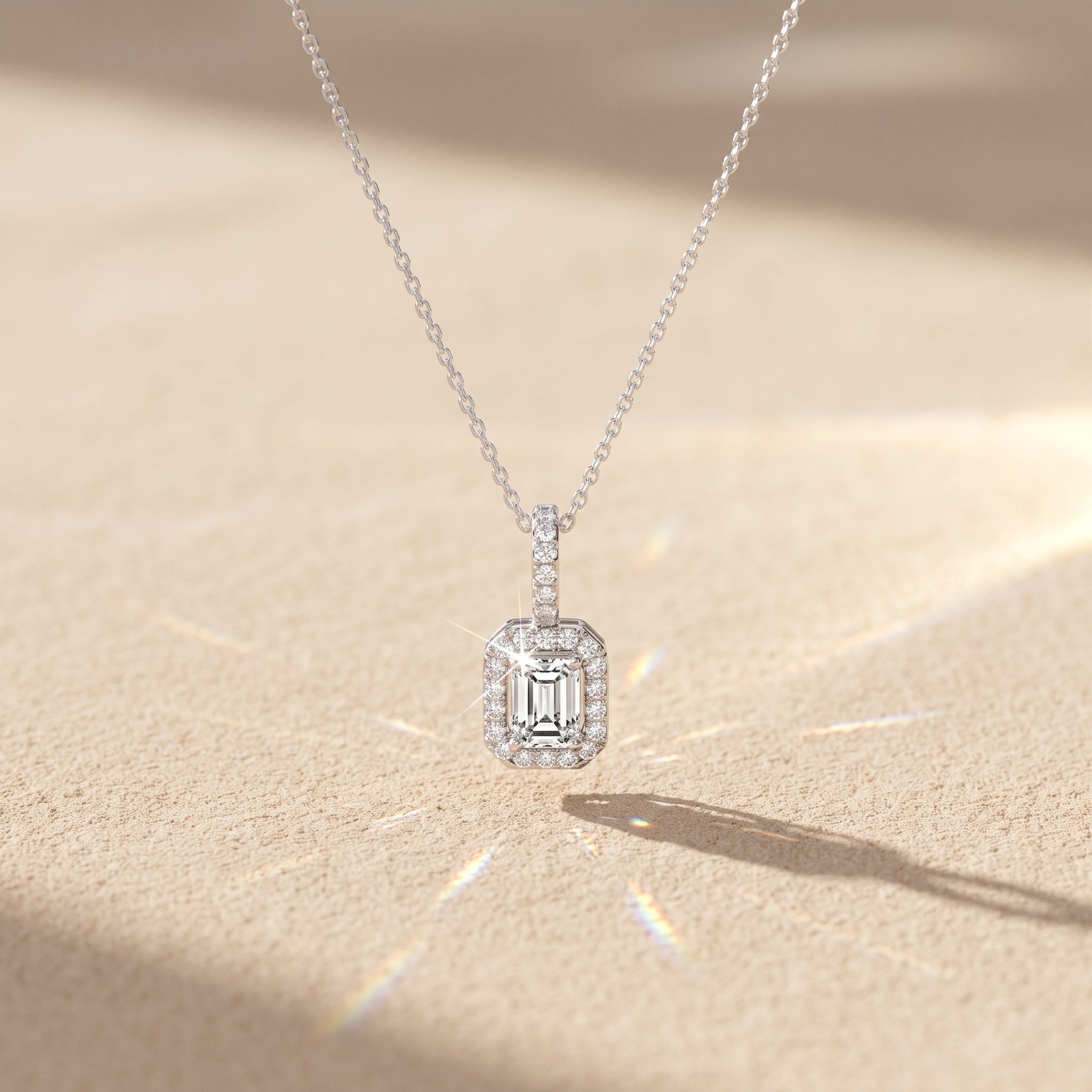 White Gold Emerald Cut Moissanite Halo Pendant Necklace